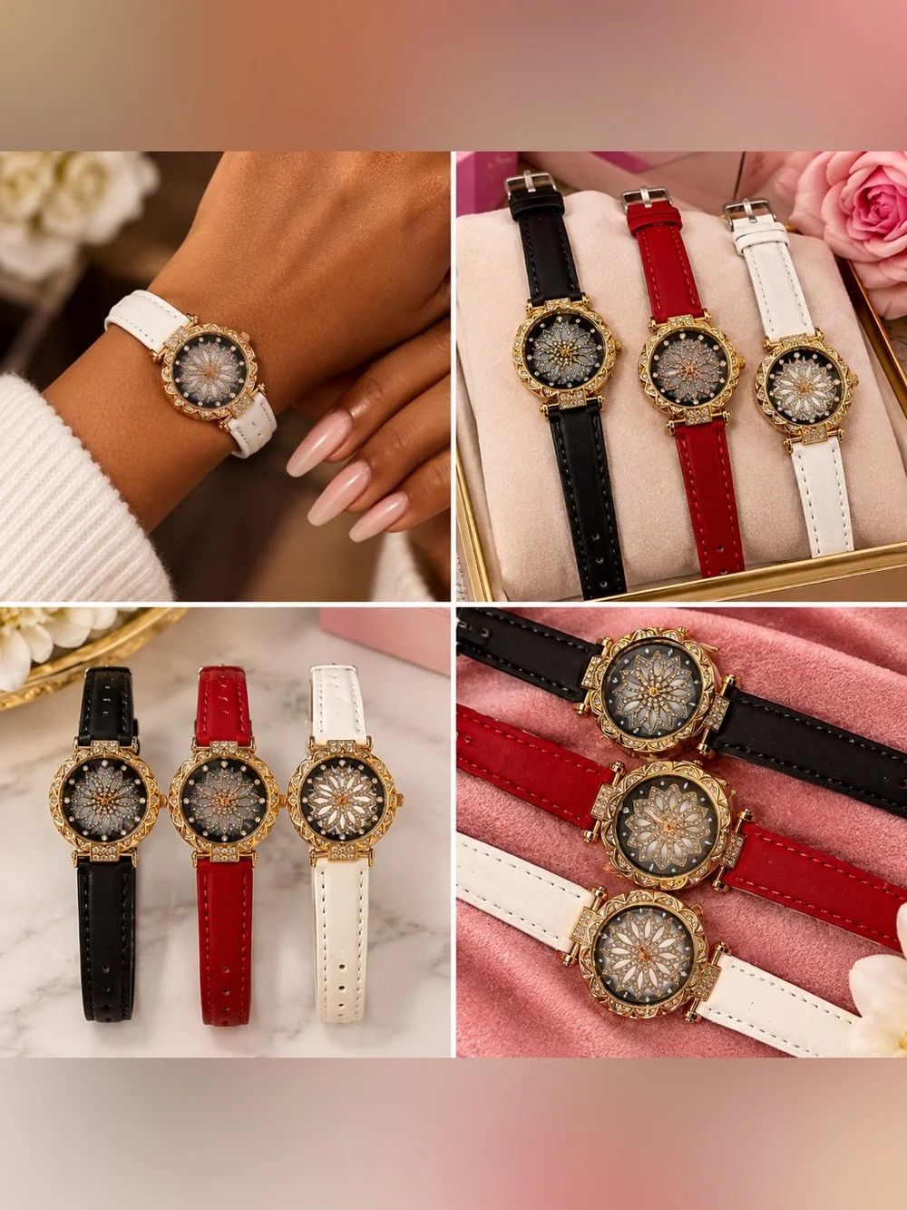 Elegant Floral Crystal Dial Leather Strap Watch - available in White, Red, Black